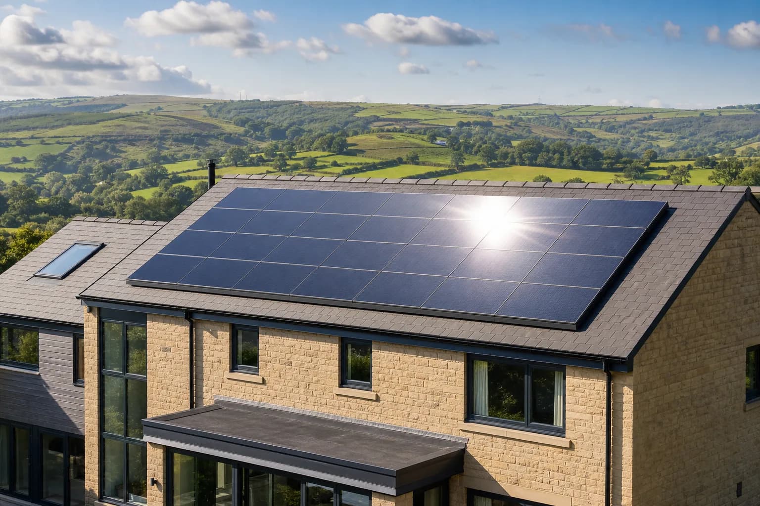 Solar panels installed on a modern British home in West Yorkshire