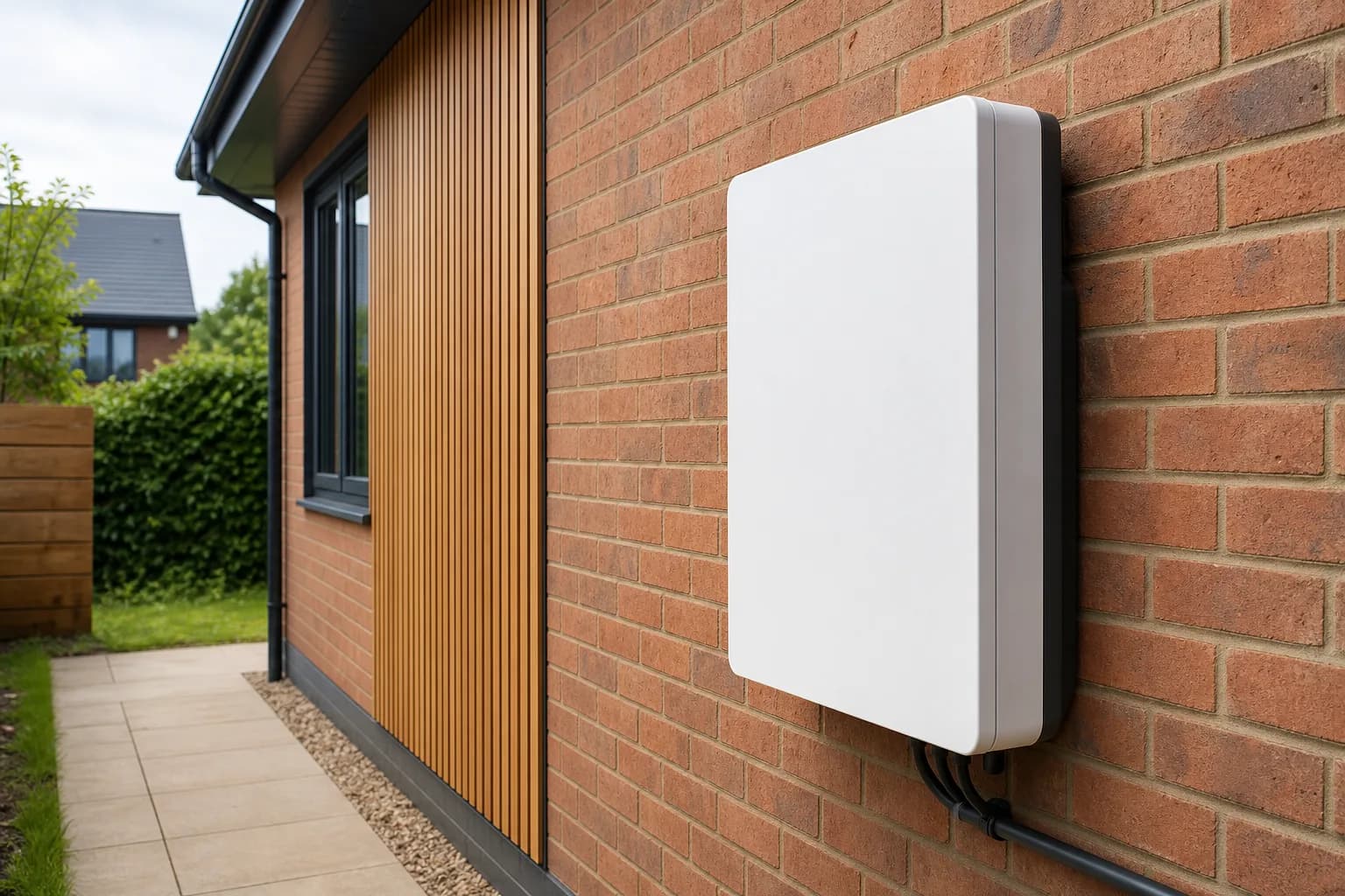 Home battery unit mounted on the exterior wall of a house