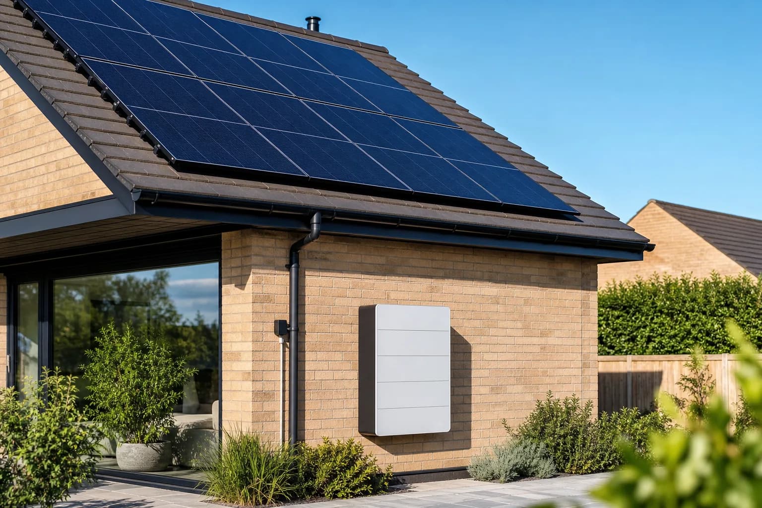 Solar panels on a house roof with a home battery storage unit
